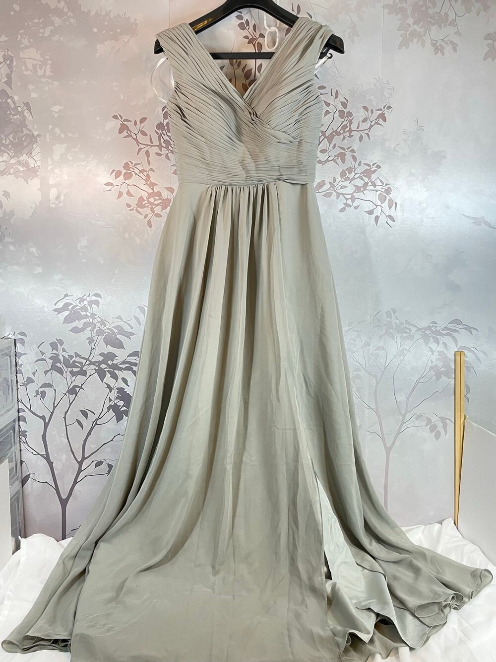 KF Bridal Pleated Ruched Maxi Dress Dusty Sage Green S Formal Bridesmaid Slit